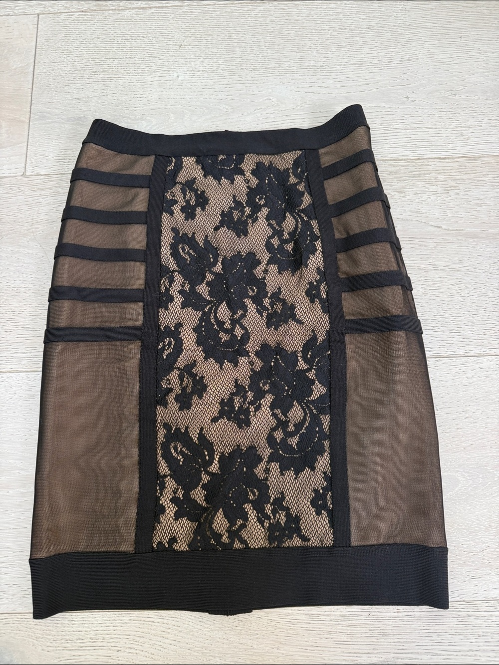 Herve Leger Black Lace and Sheer Panel Pencil Skirt